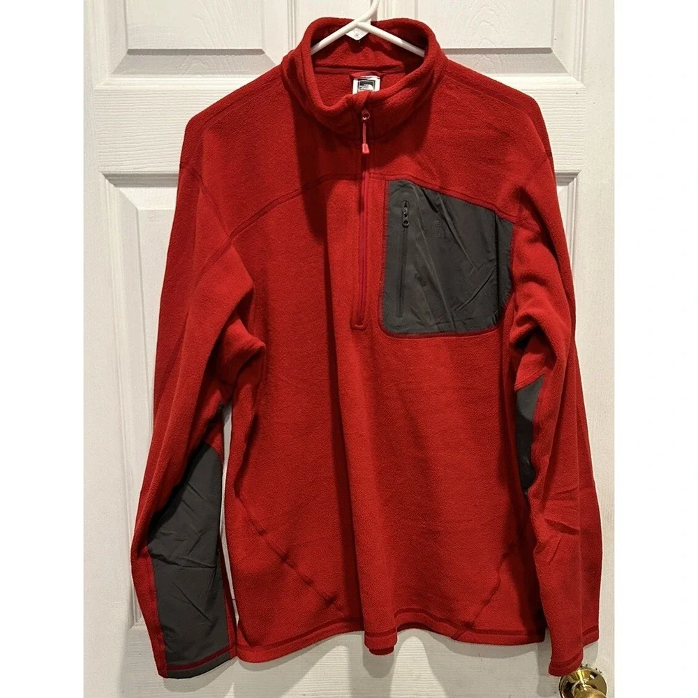 The North Face‎ Mens XL Red 1/4 Zip Fleece Pullover Jacket Gray Chest Pocket